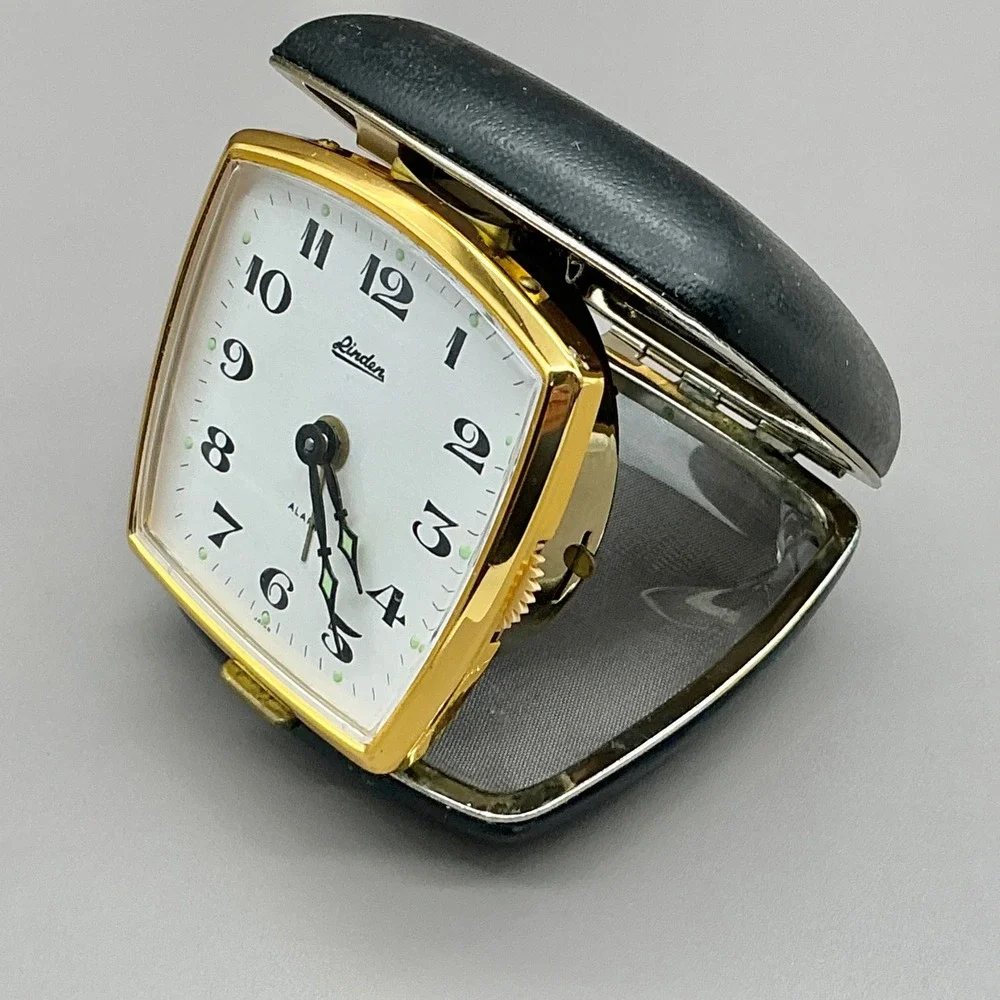 Vintage Linden Travel Alarm Clock Folding Black Gold Case Mechanical Japan WORKS
